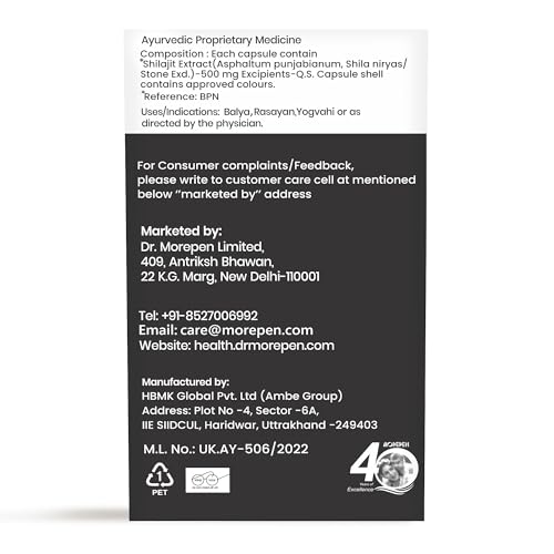 DR. MOREPEN Shilajit Capsules | Pure Himalayan Shila jit Extract Vegan, Pure & Natural Consist of More Than 84 Minerals 60 Capsule Pack of 1