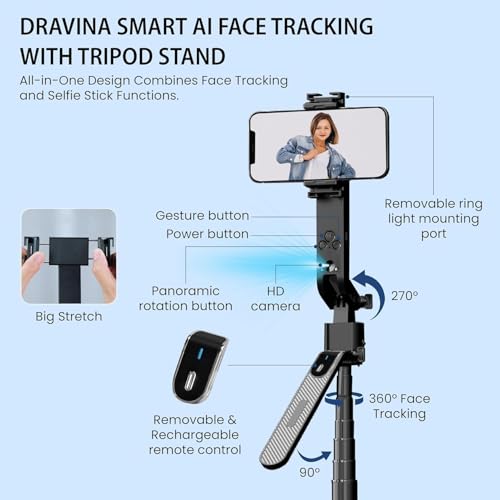Image of Q185 Auto Face Tracking AI Gimbal Selfie Stick Tripod Stand,Detachable Bluetooth Remote Compatible for iPhone /Android, Best for Vlogging /Photo Shoot (Q185 AUTO FACE Tracking Selfie Stick)