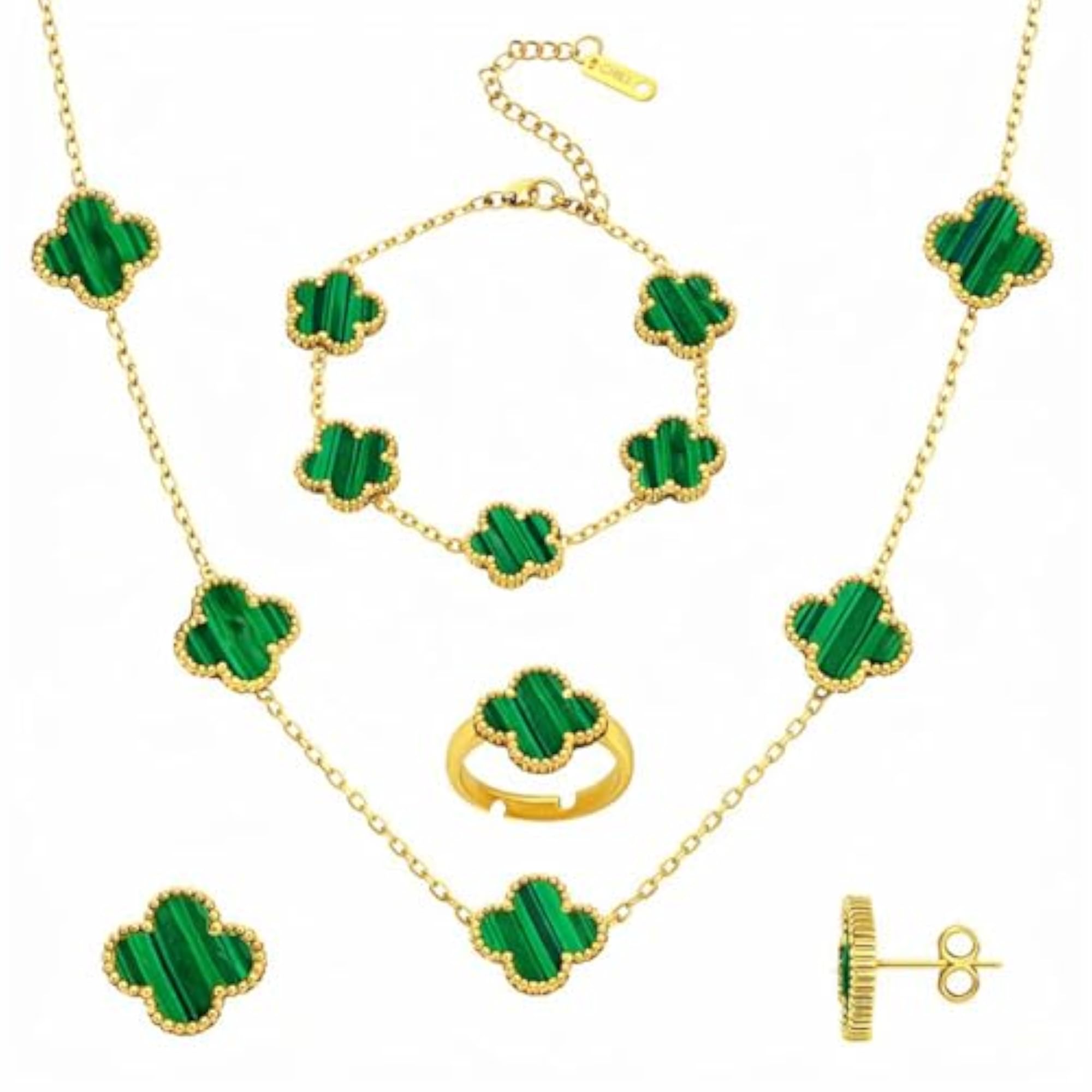Women's Gold Plated Green Clover Jewellery Set Combo