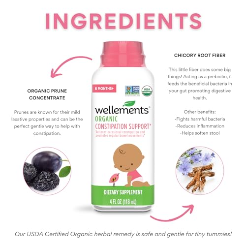 wellements Organic Baby Constipation Support Relieves Occasional Constipation for Infants & Toddlers, No Harsh Laxatives, USDA Certified Organic, 4 Fl Oz (Pack of 2), 6 Months +