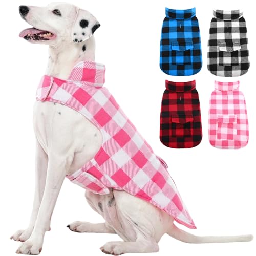 Kuoser Dog Winter Coat, Windproof Dog Fleece Jacket British Style Plaid Cold Weather Doggie Vest Coats, Reversible Cozy Warm Pet Clothes Apparel for Extra Large Size Dogs XXL XX-Large Pink