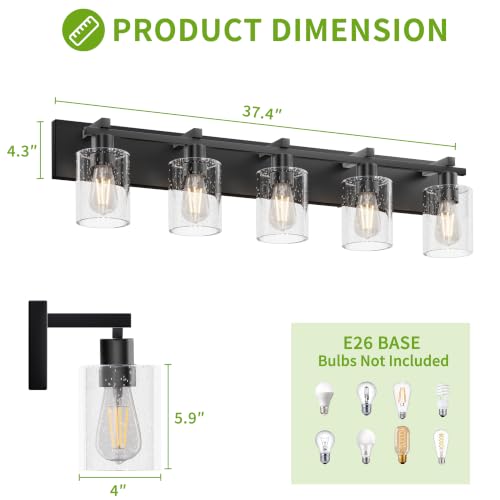 Image of 5-Light Bathroom Light Fixtures, Bubble Black Modern Vanity Lights with Clear Glass Shade, Wall Sconce Lighting for Mirror Kitchen Living Room Hallway Cabinet Porch