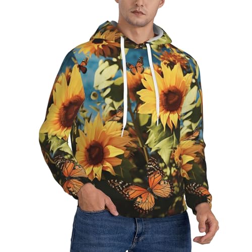 Men's Fleece Pullover Hoodie Long Sleeve Hooded Sunflowers and butterflies Sweatshirt Casual Shirts With Pockets 3X-Large Black