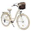 Comfortabele fiets, stadsfiets, retro, damesfiets, Hollandse fiets, 26 inch, crèmebruin, 7 versnellingen Shimano, beige