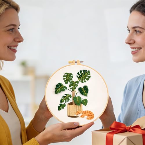Image of Monstera Embroidery Kits for Beginners Adults, Cat Hand Embroidery Kits, Potted Plant Cross Stitch Kits for Beginners DIY Craft Kits for Adult Women, Entire Set of Embroidery Supplies & Video Tutorial