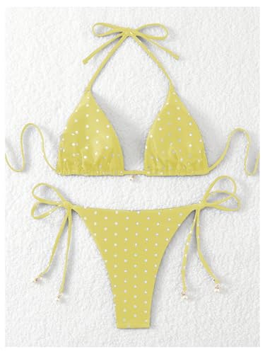 Image of SOLY HUX Women's Polka Dots Print Bathing Suit Halter Triangle Tie Side Bikini Sets Two Piece Swimsuit