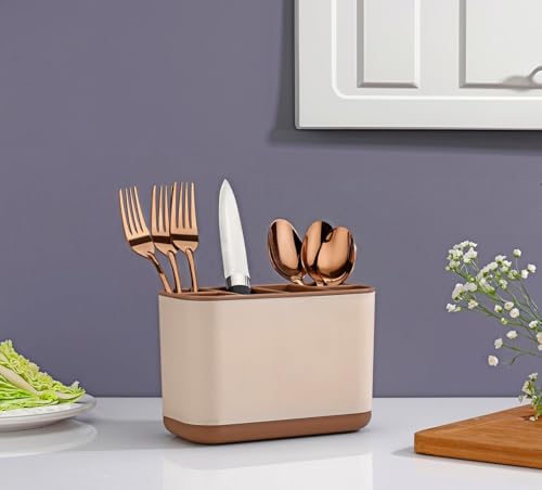 Image of OLMARTT KITCHENWARE 6-Compartment Multi-Purpose Kitchen Organizer for Cutlery, Tools, Cosmetic, Desk, Stationery, and Sink Brushes - Versatile Toothbrush Storage Caddy Detachable top & bottem (Ivory)