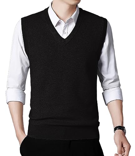 Image of KUYIGO Mens Sleeveless Sweater Vest Classic Business Gentleman V Neck Knitwear Knitted Waistcoat Sweater Tank Tops M Black