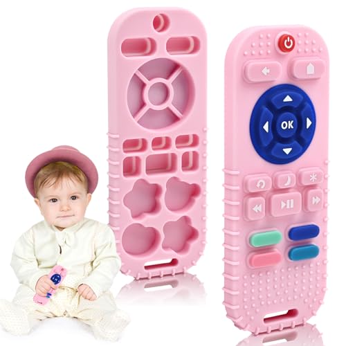Image of AiTuiTui Baby Teething Relief Sensory Chew Toys for 3 6 9 12 Months, Silicone Infant Teether Remote Control Bath Toy for Newborn Toddlers Boy Girl Autism Baby Shower Birthday Gifts, Dark Pink