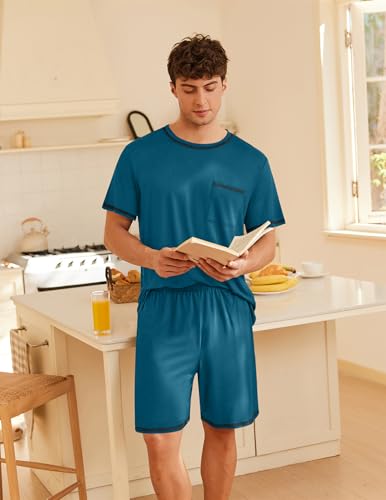 Image of Ekouaer Men's Pajamas Set Casual Short Sleeve Shirts and Shorts Soft 2 Piece Loungewear With Pockets