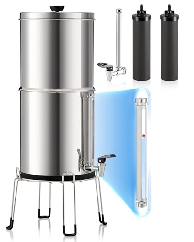 CO-Z Gravity-Fed Water Filter System 8.5L UV Countertop Water Filtration System Stainless Steel Water Purifier with 2 Carbon Filters Water Level Spigot Chamber Stand NSF/ANSI 42 Certification