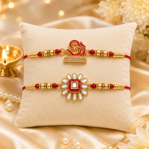 Image of Oblivion Designer Om Rakhi Set of 2 for Brother - Meenakari Design with Choco Coated Butterscotch Chocolate 32gm, Pooja Coin, Roli Chawal & Card | Rakhi with Chocolate Combo for Raksha Bandhan