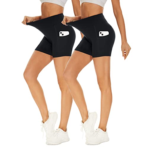 Missluck 2er Pack Radlerhose Damen Hohe Taille Kurze Sporthose Shorts Sommer Leggings Blickdicht Hotpants Unter Kleider für Yoga Sport, S-M, Schwarz/Schwarz-mit Taschen
