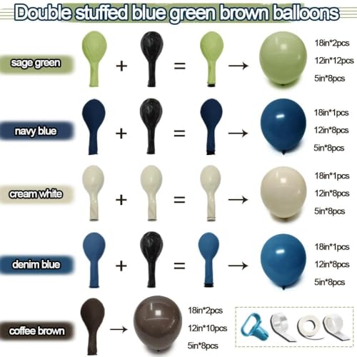 Image of Green Blue Balloon Garland Double Stuffed Sage Brown White Sand Balloons | Dusty Green Denim Blue Ivory Balloon Arch for Dinosaur Baby Shower Wild One Birthday Woodland Bear Party Decorations
