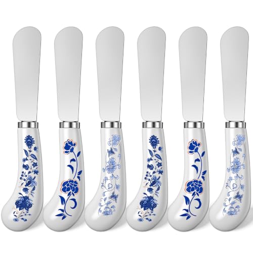 Yiyiring 6 Pack Cheese Spreader Bulk Butter Knife Set, Blue and White | Stainless Steel Butter Knife with Ceramic Handle for Jam, Pastry, Holiday Silverware & Festive Kitchen Cutlery