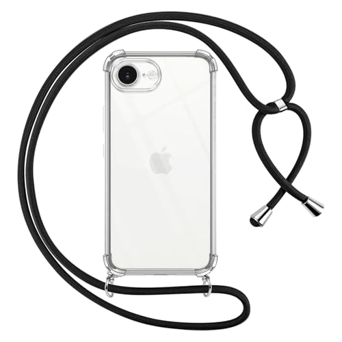 Pnakqil Funda para iPhone 16E/iPhone SE 4 2025 con Cuerda, Carcasa Transparente Silicona Colgar Collar Correa de Cuello Cadena Cordón para iPhone 16E 6.1' Fundas, Negro
