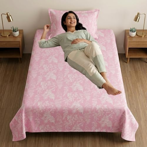 Image of Mafatlal 186 TC Metro Cotton Single Bedsheet | 90 x 60 Inch|Soft, Breathable & Lightweight | with Matching Pillow Cover| Honey Pink