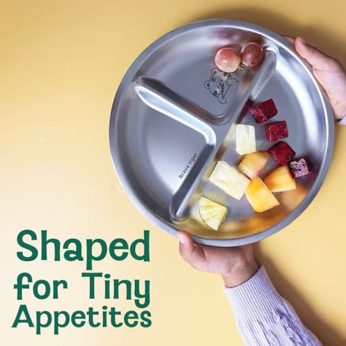 Image of Basil Stainless Steel Plate for Kids - Kids Plates for Food with 3 Compartments - Dinner Plates for Baby - Unbreakable Dinner Plates - Ideal for Birthday, Return Gifting - Wheel Plate - Pack of 2