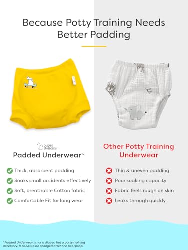Image of superbottoms Padded Underwear for Babies & Toddlers, 3 Layers of Premium Cotton & DryFeel Layer, Ideal for Diaper-Free Time & Mess-Free Potty Training Pants, Pack of 2
