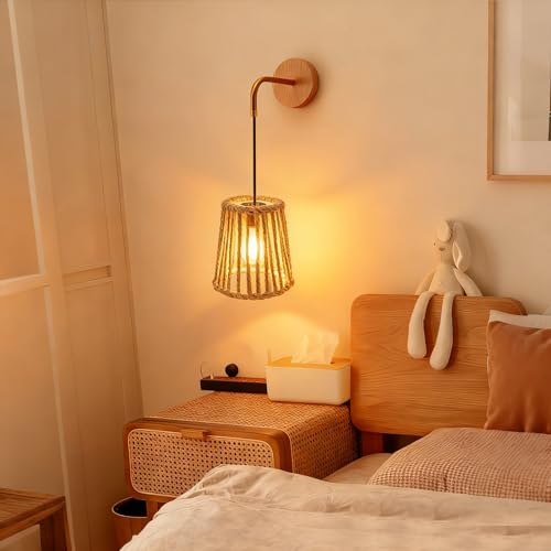 2 Stück Lampenschirm Hängelampe Boho E27 Rattan Lampenschirm Klein (H 14cm) mit E14 Adapterring für Stehlampe Tischlampe Pendelleuchten Hängelampenschirme