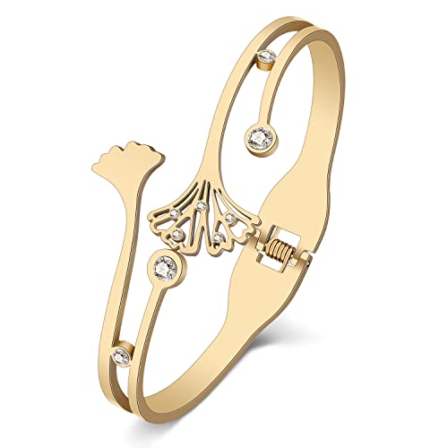 RAIDIN Gold Armreif Armband für Damen Mädchen 18K Gold plattiert Edelstahl zierlich Strass Kristall Akzent Blatt Manschette Armbänder Modeschmuck für Geschenke (Gold-055 Ginkgo Blatt)