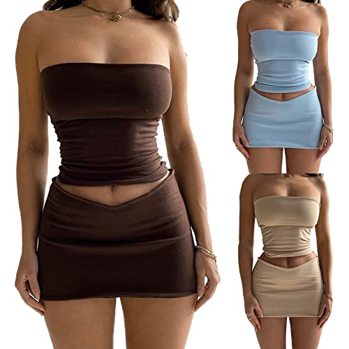 Mxiqqpltky Skirt Sets Women 2 Piece Outfits Sexy Strapless Sleeveless Crop Tube Tops And Low Waist Mini Skirt Y2K Streetwear (Coffee, S) #TOP5
