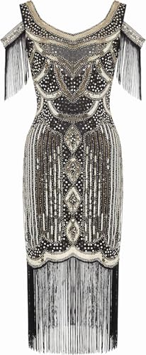 Image of 868A - Plus Size 1920s Vintage Fringed Gatsby Sequin Cold Shoulder Tassels Flapper Party Cocktail Dress with Accessories