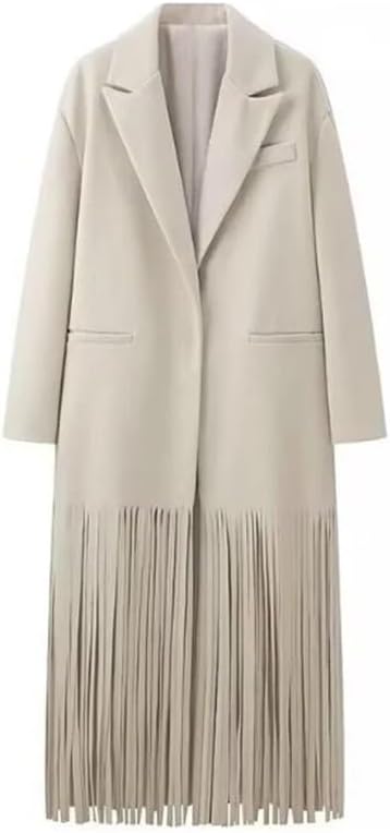 Women's Trench Coat with Tassel Fringe Hem, Solid Color Office Lady Overcoat, Single Breasted Wide Waisted Jacket