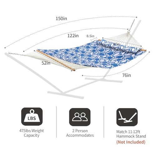 CHULIM Outdoor Double Hammock with Hardwood Spreader Bars, Large Rope Hammock with Polyester Pad and Pillow, 475 LBS Capacity for 2 Person Patio Backyard Poolside - Blue Printing by CHULIM - Used condition - Image 6