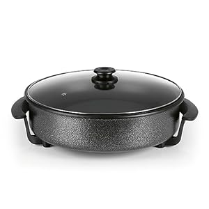 GOURMETmaxx Padella elettrica multifunzione, diametro 40 cm, con termostato, coperchio in vetro e rivestimento antiaderente, volume XXL, ideale come paella, stufato e padella wok, 1500 W [acciaio