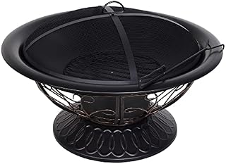 Outsunny Metal Large Firepit Bowl Outdoor Round Fire Pit Brazier w/ Lid, Log Grate, Poker, Elegant Scrolls for Backyard, Camping, Bonfire, Wood Burning Stove, 76 x 76 x 50cm, Black