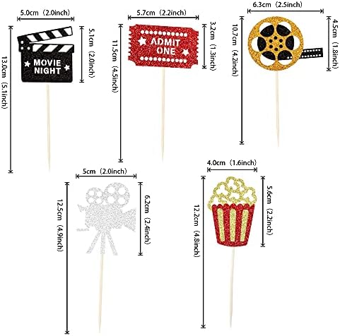 SYKYCTCY 30 Pack Movie Theater Cupcake Toppers Glitter Night Roll Camera Popcorn Cupcake Picks Hollywood Theme Baby Shower Kids Birthday Party Cake Decorations Supplies