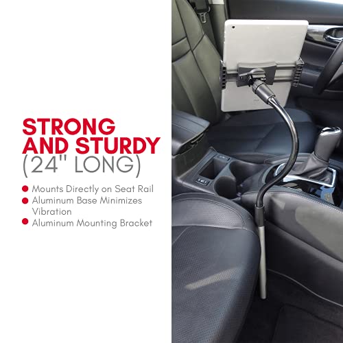 Macally Car Seat Rail Mount - Super Secure Tablet and Phone Holder for Car, Truck, and Any Vehicle - Adjustable Gooseneck iPad Mount - Works With All iPad, iPhone, Tablets