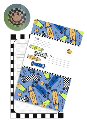 Image of iscream Fold and Send Boys Stationery Note Cards with Seals - Sk8-Board | 8 Pack, Fun Print, Large Format 8.7 inch x 5.4 inch Cards, Sturdy Lenticular Picture Changing Stickers, Summer Camp Ready