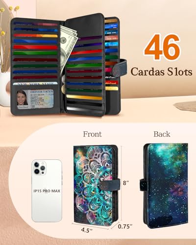 Bistup 【46 Slots Credit Card Holder for Women Ladies Female Teen Girls Rfid Genuine Leather Cardholder Large Capacity Size Big Billfold Wallets Boho Cute Girly Aesthetic Print Unique2