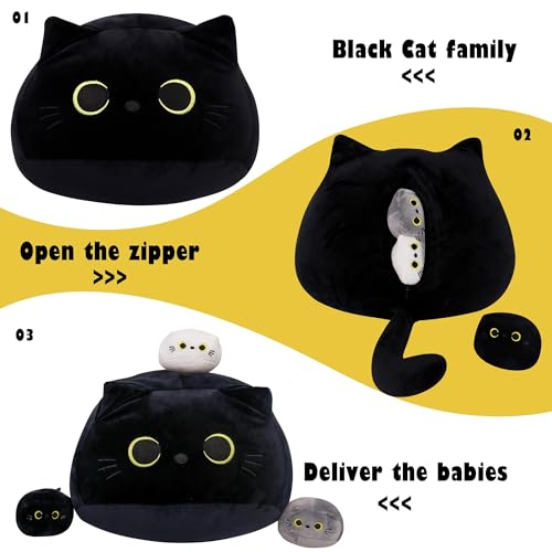 Image of WeBingo Black Cat Plush Toy 4-Piece Set, 16'' Giant Cat Stuffed Animal Plushies Pillow with 3 Babies for Girl Boy Kid Adult, Large Big Soft Gift for Birthday Christmas Valentine's Day Home Decor