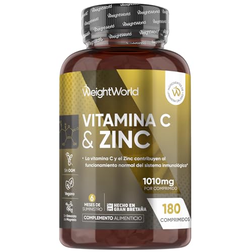 Vitamina C 1000mg y Zinc - 180 Comprimidos Veganos para 6 Meses - La Vitamina C Contribuye al Funcionamiento Normal del Sistema Inmune y el Zinc Contribuye al Mantenimiento Normal de la Piel (EFSA)
