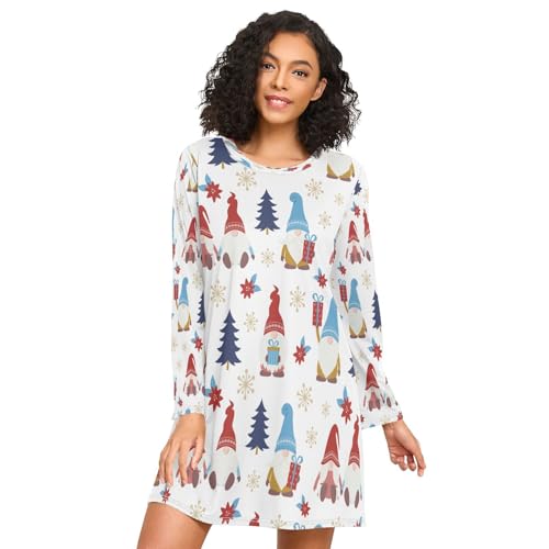 HMZXZ Womens Nightdresses Long Sleeve Nighties Gnomes Christmas Nightshirt Sleepwear Loungewear Xmas Ho