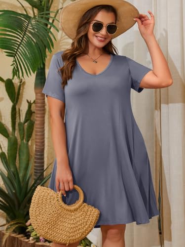 Image of ZENNILO Women's Plus Size Swing Dress with Pockets Casual Summer Dresses V Neck Short Sleeve T Shirt Dress for Women