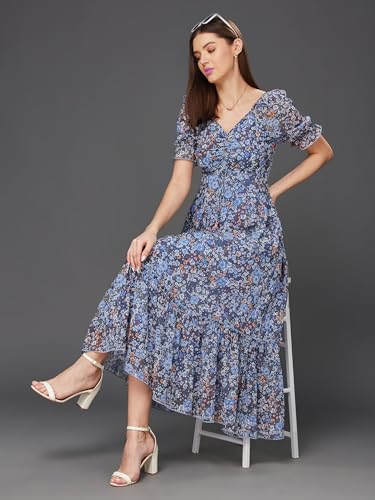 Image of Miss Chase Women's Fit and Flare Ankle Length V-Neck Puff Sleeve Floral Ruching Dress with Pockets
