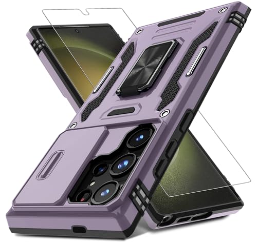 DEERLAMN Case for Samsung Galaxy S25 Ultra with Slide Camera Cover+Screen Protector (1 Pack), Rotated Ring Kickstand Military Grade Shockproof Protective Cover-Deep Purple