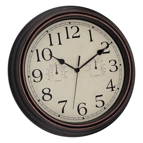 Image of Foxtop Indoor Outdoor Waterproof Wall Clock with Thermometer and Hygrometer Combo, 14 Inch Retro Silent Non-Ticking Battery Operated Quartz Round Outdoor Clocks for Patio Home Office (Bronze)
