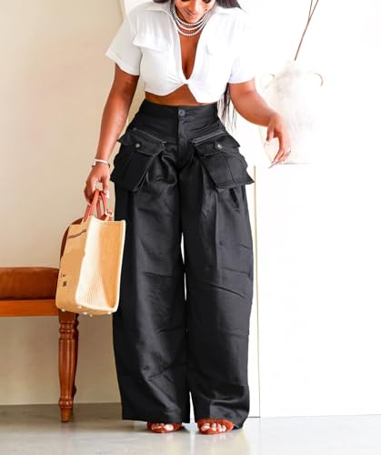 LKOUS Women's High Waist Casual Wide Leg Satin Cargo Pants, Loose Dress Pants for Women, Lounge Pants with Pockets4