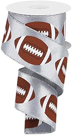 Craig Bachman 2.5 Inch Wired Ribbon Silver Footballs Woven Metallic Ribbon for Wreath Making Supplies 10 Yards Polyester Sports Craft Ribbon for Game Day Tailgate Wreaths Team Spirited Garland Bows