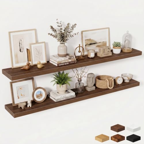 Fun Memories 72 Inch Fireplace Mantel Shelf, 10 Inch Deep Shelves for Display & Wall Storage, Rustic Wood Wall Shelf, Extra Long Floating Shelves for Living Room Laundry Room, Walnut, Set of 2