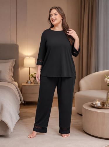 Womens Plus Size Pajama Set 3/4 Sleeve Lace Top Pants Lounge Set - image 6