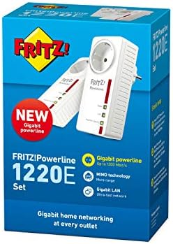 AVM FRITZ! 20002753 Powerline 1220E Set of 2 Adapters with Through Socket, Up to 1200 Mbps, 2 Gigabit LAN Ports, Plug and Play, Eco Mode, White/Red