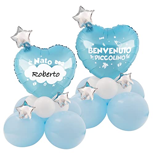 Palloncini Centrotavolo Nascita Battesimo Scritta Benvenuto Piccolino Blu Doppia Faccia Scrivibile Decorazione Tavolo Festa Bomboniere Confetti Nascita