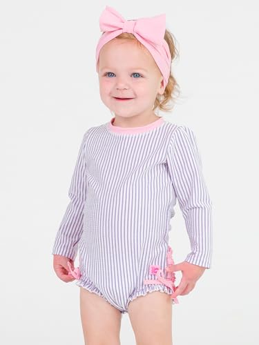 Image of RuffleButts Baby-Girls Seersucker Long Sleeve Rash Guard - One Piece Swimsuit UPF 50+ Toddler