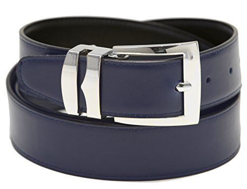 Men's Belt Reversible Wide Bonded Leather Silver-Tone Buckle NAVY BLUE/Black
